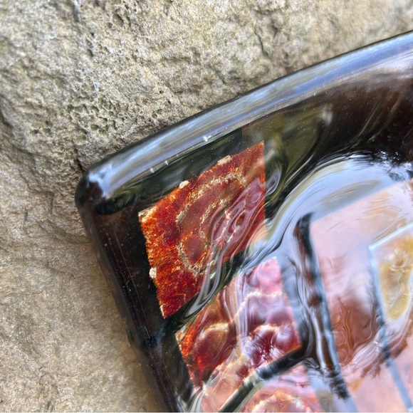 VINTAGE MCM 70s Glass 6" Square Ashtray Trinket Red Orange Silver Abstract Tray - Picture 4 of 11